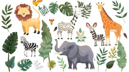 Safari object set with fox,giraffe,zebra,lion,leaves,elephant. illustration for sticker,postcard,birthday invitation.Editable element