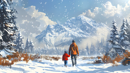 A happy father and son connecting with nature in the snowy landscape, finding joy in the winter weather.