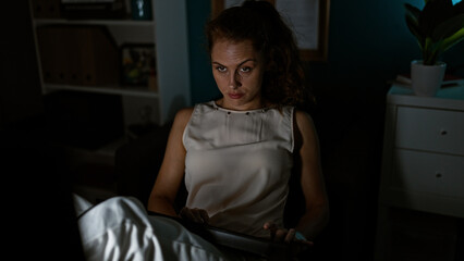 A young caucasian woman focused on her work at night in a dark office room illuminated by the light of her tablet.