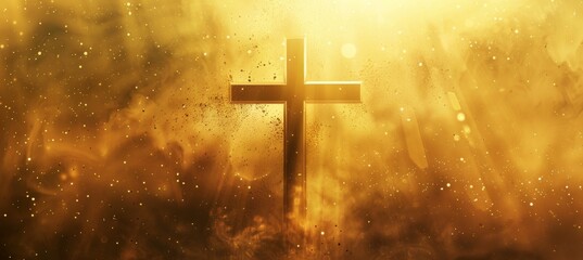 The cross is placed on the golden background, with light shining down from behind and dust flying in front Generative AI