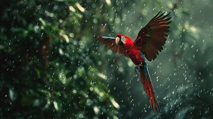 Red parrot in the rain. Macaw parrot flying in dark green vegetation. Scarlet Macaw, Ara macao, in tropical forest, Costa Rica, Wildlife scene from tropical nature. Red bird in the forest