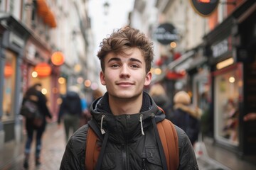 Fototapeta premium candid photo of caucasian young guy in the street of European city. Tourism and study abroad agency banner. User persona. 