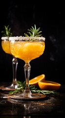 Orange rosemary cocktail on a table on a dark background with space for text or inscriptions