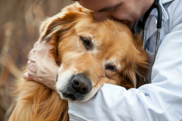 veterinarian doctor hugging golden retriever at clinic before or after treatment procedure