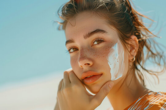 Close-up of a young female with sun cream on her face, highlighting the importance of spf for skin protection