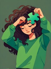 Flat lay view of a woman in green sweatshirt taking puzzle pieces out of curly hair. Fun chaos. Woman solving puzzle. Illustration. Generative AI