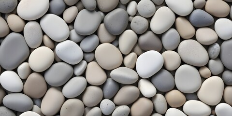 Smooth, rounded river rocks in various shades of (gray, white, and beigePolished, flat river stones in a range of gray, white, and beige, arranged in a natural, organic pattern, creating a calming and