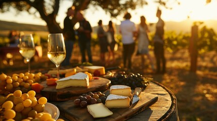 Sunset gathering at a vineyard with wine glasses and cheese board. Summer vineyard event and wine tasting concept. Golden hour with copy space for design.
