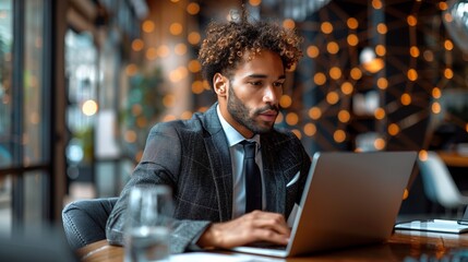Fototapeta premium Professional Businessman Concentrating on Laptop in Stylish Cafe with Geometric Light Patterns.
