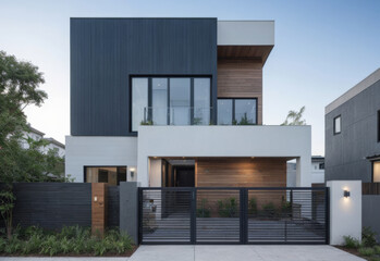 A gray private house of two floors hidden behind a fence with automatic sliding brown gates