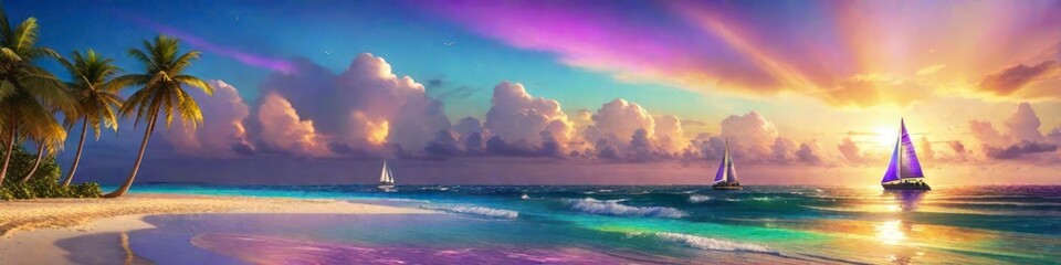 Yachts anchored in a serene bay, basking in the orange and pink glow of a hot tropical sunset.