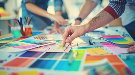 Fototapeta premium A creative team working on the design of marketing materials, surrounded by colorful papers and digital images