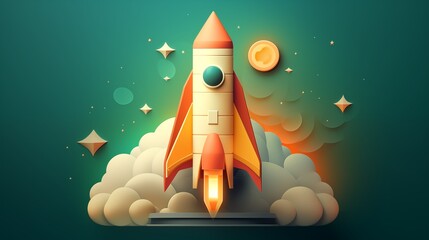 Fototapeta premium Stylized Illustration of a Rocket Launching into Outer Space Amidst Stars and Planets