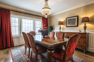 an elegant dining area, with a solid wood table as the centerpiece and upholstered chairs in rich amber and ruby tones