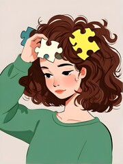 Flat lay view of a woman in green sweatshirt taking puzzle pieces out of curly hair. Fun chaos. Woman solving puzzle. Illustration. Generative AI