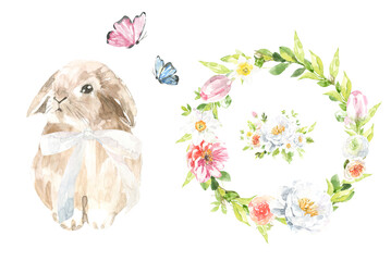 Spring easter bunny with easter eggs, spring floral wreath, botanical ester clipart, animal, duck,...
