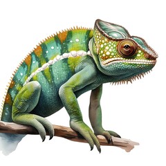 Chameleon. Tropical reptiles clipart. Watercolor illustration. Generative AI. Detailed illustration.