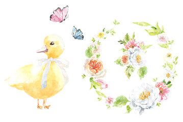 Spring easter duck with easter eggs, spring floral wreath, botanical ester clipart, animal, duck, peony flower, tulip, roses,butterflies,   cute baby shower flowers green clipart, greeting card, rsvp