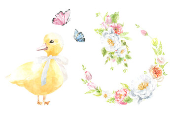 Spring easter duck with easter eggs, spring floral wreath, botanical ester clipart, animal, duck,...