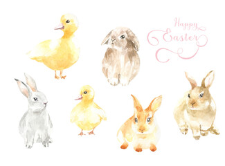 Watercolor Spring Easter bunny clipart, single easter elements, duck, flowers, animals, tulips, easter egg, roses,peony, leaves, wedding stationery, baby shower, greeting card clipart, botanical,green
