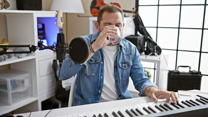 Mature hispanic man drinking water while playing piano in a music studio, showcasing creativity and...
