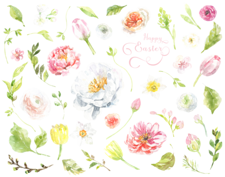 Spring Easter single elements, floral wreath, duck, bouquet, botanical ester clipart,  flowers, peony flower, tulip, roses,butterflies, cute baby shower flowers green clipart, greeting card, rsvp
