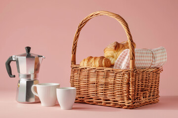 A charming picnic setup featuring a wicker basket filled with croissants, baguettes, and a checkered napkin, alongside a classic espresso maker and white cups on a pink background
