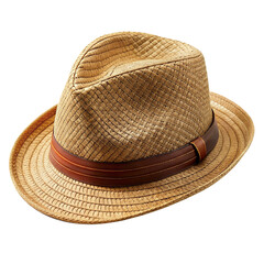 Straw Fedora Hat with Brown Leather Band: A Light-Colored, Textured Summer Accessory. Isolated on white background.