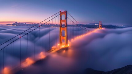 Obraz premium Golden Gate at dawn surrounded by fog