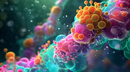 Cellular vesicles with vibrant membranes, transporting molecules for cellular communication. Detailed visualization emphasizing the beauty of microscopic processes. Biological concept.                