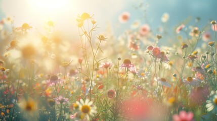 Vibrant field brimming with colorful flowers, bathed in the warm glow of the sun, background