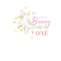 Bunny is turning one, floral arrangement, pale, delicate colors, spring easter botanical frame, tulip, peony, baby shower, invitation, greeting card design template printable art, soring easter flower