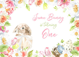 Card template with empty space for easter , Blank space, Spring botanical,spring flower, easter animals, baby shower, cute bunny, illustration, spring flower composition clipart arrangement invitation