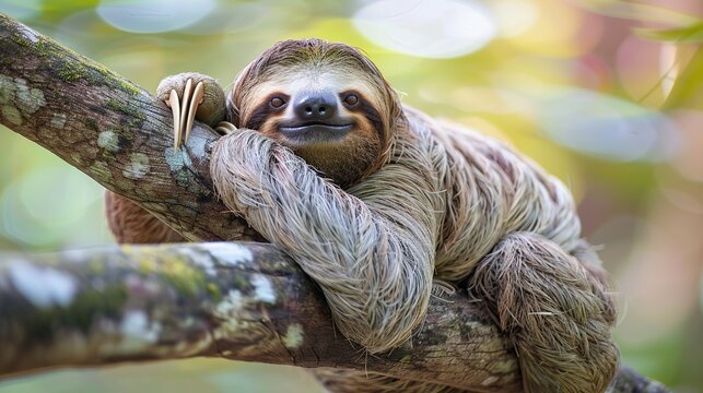 Cute sloth hanging on tree branch with funny face look, perfect portrait of wild animal in the Rainforest of Costa Rica scratching the belly, Bradypus variegatus, brown-throated three-toed sloth,