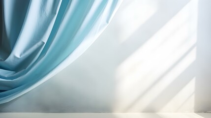 Obraz premium Close up of Curtains in sky blue Colors and Shadow of Windows. Studio Background for Product Presentation.