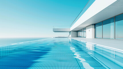 Fototapeta premium Serene infinity pool with crystal clear waters extends towards a tranquil blue sky, showcasing contemporary architecture and luxurious design