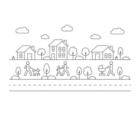 Walk resident people in neighborhood small houses in small city on street, line art. Neighbor on street, residential buildings, real estate. Exterior home. Vector outline illustration