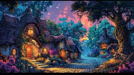 A colorful illustration of a fairy tale village with thatched cottages, a cobblestone path, and villagers in medieval clothing, surrounded by enchanted trees - obrazy, fototapety, plakaty