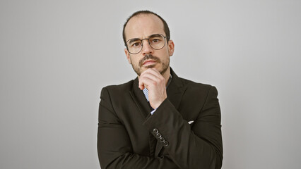 A thoughtful bald man with a beard, wearing glasses and a suit, poses against a white background.