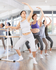 Group of female beginners perform plie ballet movement at barre in dance class