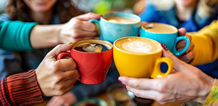 A group of friends holding coffee cups and toasting each other, laughing together in the cafe