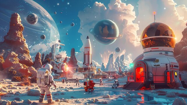 A joyful scene in a spacethemed playground, where children in spacesuits play hide and seek with creatures from different planets