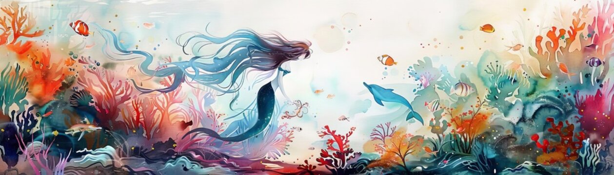 A magical underwater scene featuring a mermaid with shimmering scales and flowing hair, conversing with colorful fish and dolphins near a coral reef