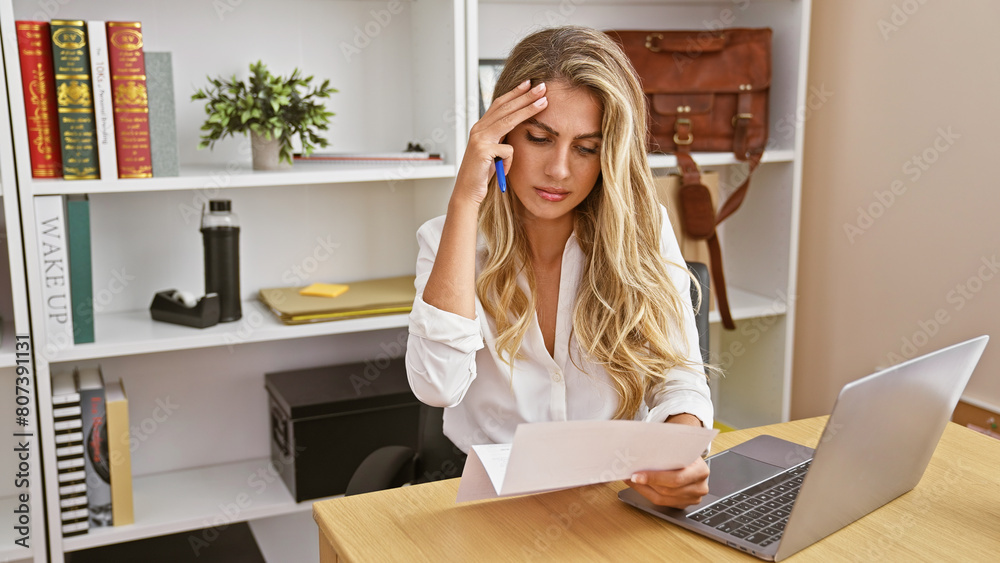 Sticker attractive, stressed young blonde businesswoman, fiercely reading problematic report at office works