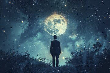 Fototapeta premium Corporate Team Empowerment Under Starry Night, Triumphant Leader and Luminous Arrows.