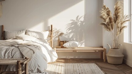 A bedroom with a white bed, a wooden bench, and a potted plant. The room has a minimalist and clean look, with a focus on natural elements like the plant and the wooden bench