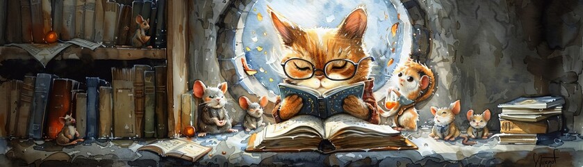An endearing scene of a cat in librarian glasses, reading a fairy tale to a group of mice sitting around in a cozy library corner © NiriSun