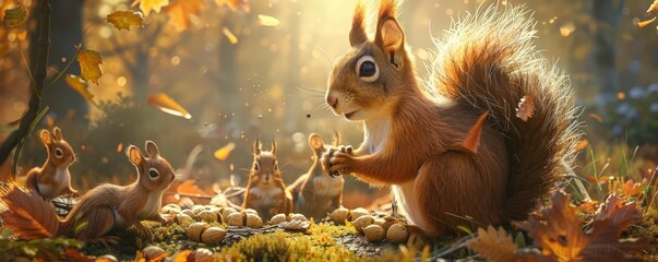 An engaging illustration of a squirrel using acorns to explain economics to a group of other woodland creatures in a sunny forest setting