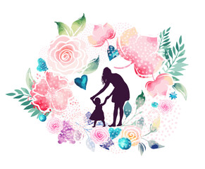 Mom and baby silhouette with flowers. Happy Mothers Day Greeting Card. Not AI. Vector illustration.