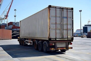 Container truck unloading a cargo container from a shipyard to a port. Cargo truck in the port